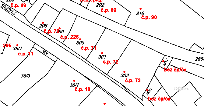 Holubice 72 na parcele st. 301 v KÚ Holubice, Katastrální mapa