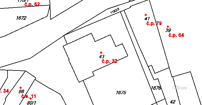 Kanice 32 na parcele st. 43 v KÚ Kanice u Domažlic, Katastrální mapa