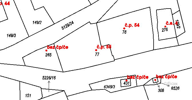 Pocinovice 55 na parcele st. 77 v KÚ Pocinovice, Katastrální mapa