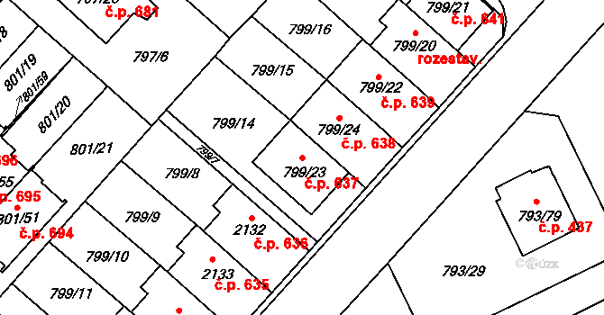 Lázně Bohdaneč 637 na parcele st. 799/23 v KÚ Lázně Bohdaneč, Katastrální mapa