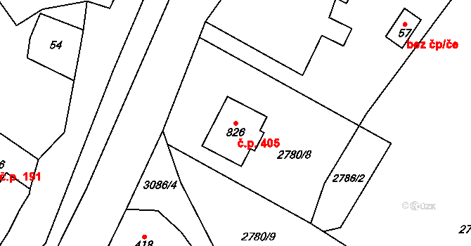 Trnava 405 na parcele st. 826 v KÚ Trnava u Zlína, Katastrální mapa
