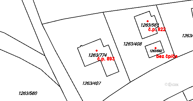 Kolovraty 893, Praha na parcele st. 1263/774 v KÚ Kolovraty, Katastrální mapa