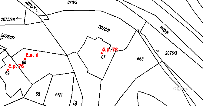 Merklín 78 na parcele st. 67 v KÚ Merklín u Přeštic, Katastrální mapa