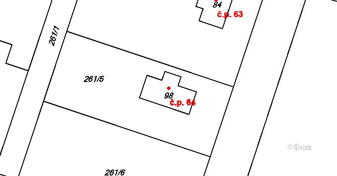 Mokošín 64 na parcele st. 98 v KÚ Mokošín, Katastrální mapa