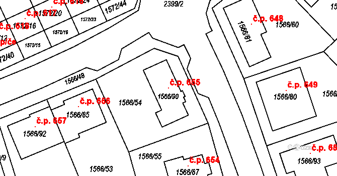Hrušky 655 na parcele st. 1566/90 v KÚ Hrušky, Katastrální mapa