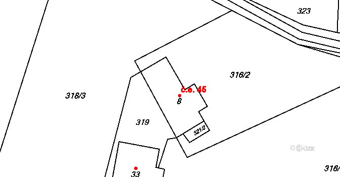 Debrné 45, Mostek na parcele st. 8 v KÚ Debrné u Mostku, Katastrální mapa
