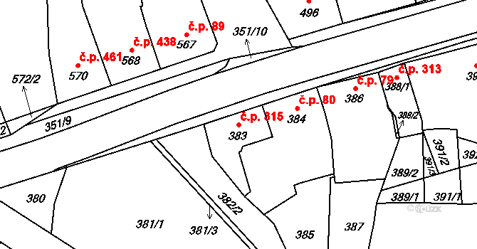 Koryčany 315 na parcele st. 383 v KÚ Koryčany, Katastrální mapa