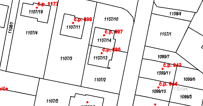 Lyžbice 895, Třinec na parcele st. 1107/13 v KÚ Lyžbice, Katastrální mapa