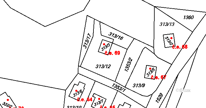 Stvolínky 69 na parcele st. 313/3 v KÚ Stvolínky, Katastrální mapa