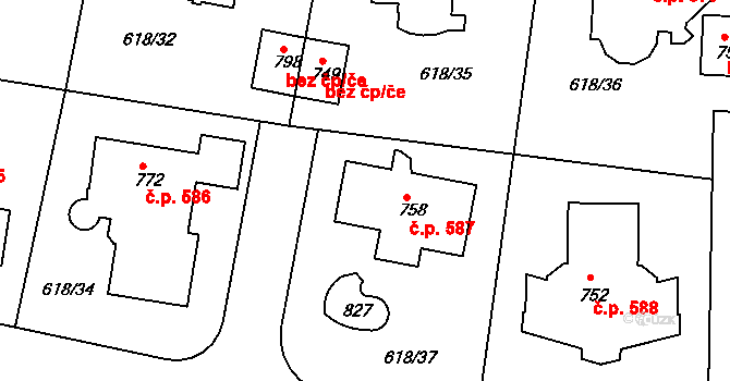 Kamenice 587 na parcele st. 758 v KÚ Ládví, Katastrální mapa