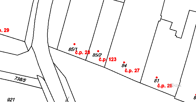 Míškovice 123 na parcele st. 85/2 v KÚ Míškovice, Katastrální mapa