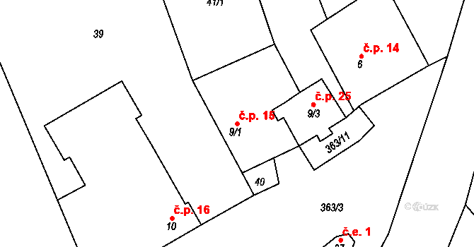 Blažov 15, Bouzov na parcele st. 9/1 v KÚ Blažov, Katastrální mapa