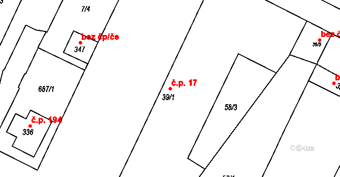 Travčice 17 na parcele st. 39/1 v KÚ Travčice, Katastrální mapa