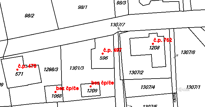 Česká Kamenice 497 na parcele st. 596 v KÚ Česká Kamenice, Katastrální mapa