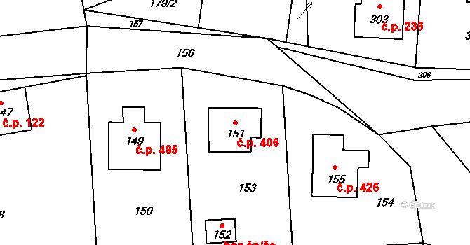 Jablůnka 406 na parcele st. 151 v KÚ Jablůnka, Katastrální mapa