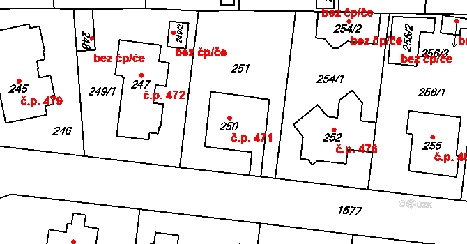 Dolní Počernice 471, Praha na parcele st. 250 v KÚ Dolní Počernice, Katastrální mapa