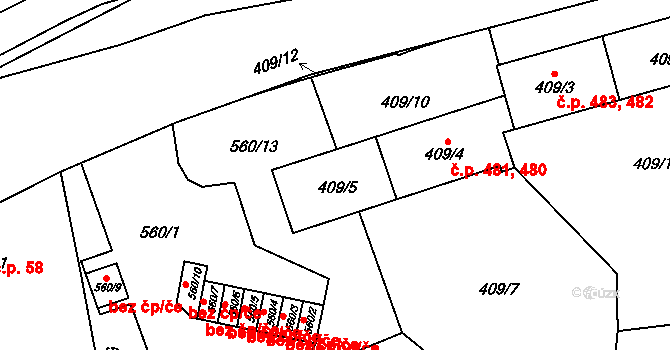 Liberec VII-Horní Růžodol 481, Liberec na parcele st. 409/4 v KÚ Horní Růžodol, Katastrální mapa