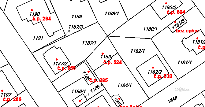 Černice 524, Plzeň na parcele st. 1183 v KÚ Bručná, Katastrální mapa