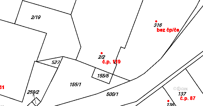Nebovidy 119 na parcele st. 2/2 v KÚ Nebovidy, Katastrální mapa