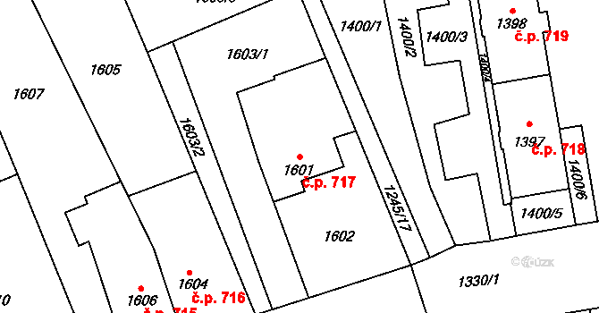 Prostřední Suchá 717, Havířov na parcele st. 1601 v KÚ Prostřední Suchá, Katastrální mapa