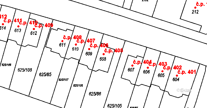 Předměřice nad Labem 405 na parcele st. 608 v KÚ Předměřice nad Labem, Katastrální mapa