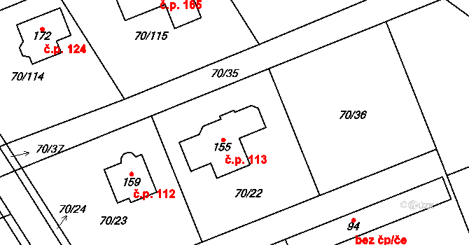 Horní Stakory 113, Kosmonosy na parcele st. 155 v KÚ Horní Stakory, Katastrální mapa