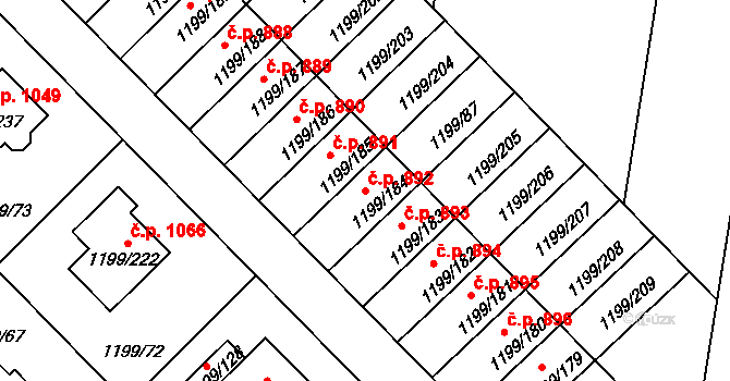 Vejprnice 892 na parcele st. 1199/184 v KÚ Vejprnice, Katastrální mapa