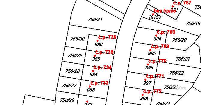 Líbeznice 735 na parcele st. 985 v KÚ Líbeznice, Katastrální mapa