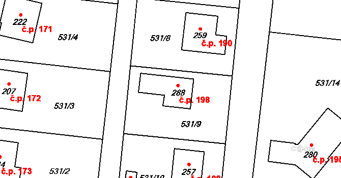 Brníčko 198 na parcele st. 288 v KÚ Brníčko u Zábřeha, Katastrální mapa