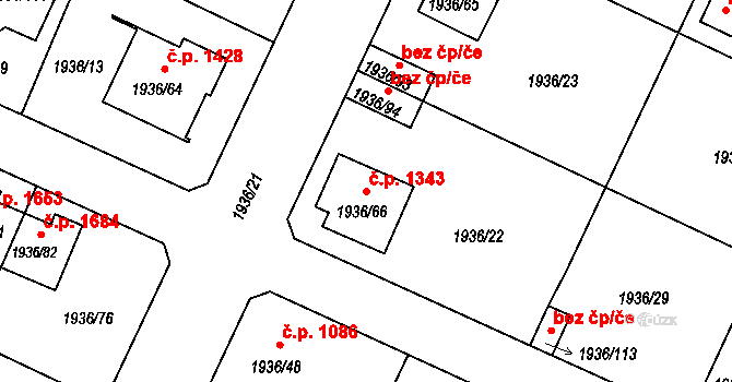 Benešov 1343 na parcele st. 1936/66 v KÚ Benešov u Prahy, Katastrální mapa