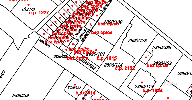 Předměstí 1915, Opava na parcele st. 2890/101 v KÚ Opava-Předměstí, Katastrální mapa