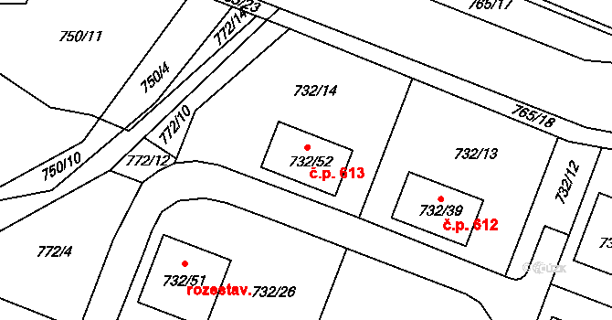 Spořice 613 na parcele st. 732/52 v KÚ Spořice, Katastrální mapa