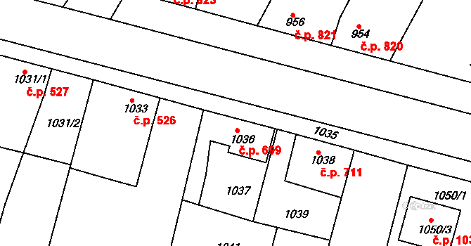 Nýřany 699 na parcele st. 1036 v KÚ Nýřany, Katastrální mapa
