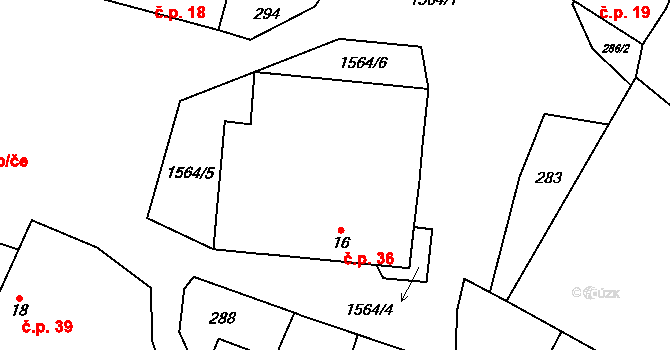 Lžín 36, Dírná na parcele st. 16 v KÚ Lžín, Katastrální mapa
