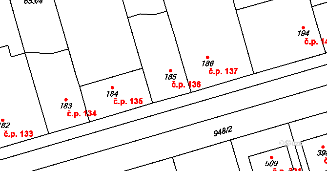 Choltice 136 na parcele st. 185 v KÚ Choltice, Katastrální mapa