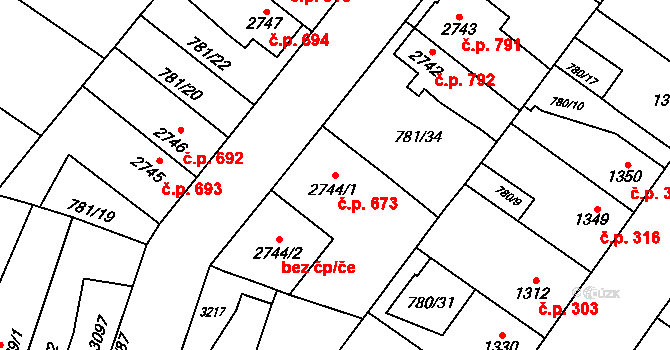 Bílé Předměstí 673, Pardubice na parcele st. 2744/1 v KÚ Pardubice, Katastrální mapa