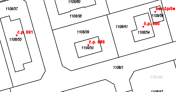 Hřebeč 686 na parcele st. 1108/50 v KÚ Hřebeč, Katastrální mapa