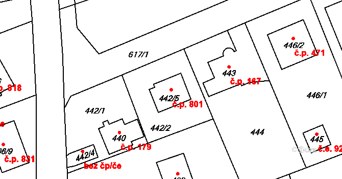 Lipence 801, Praha na parcele st. 442/5 v KÚ Lipence, Katastrální mapa