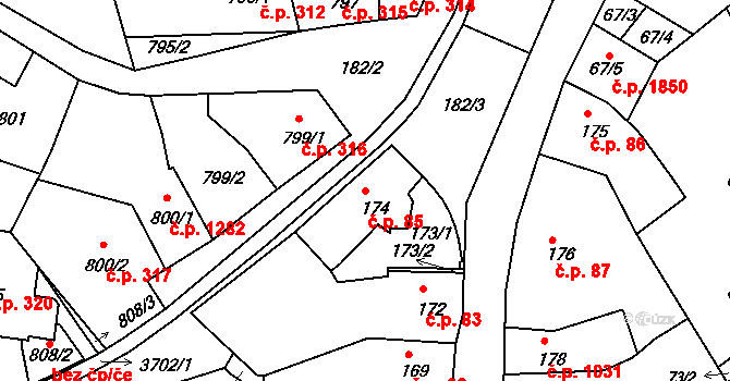 Holešov 85 na parcele st. 174 v KÚ Holešov, Katastrální mapa
