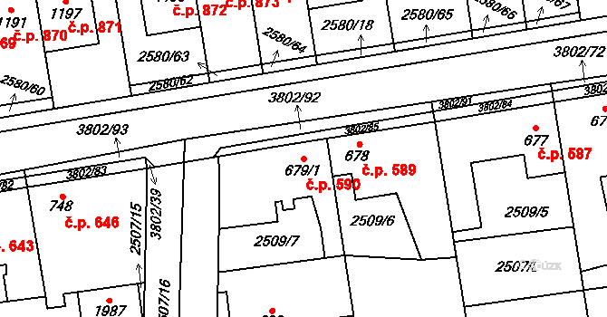 Dobřany 590 na parcele st. 679/1 v KÚ Dobřany, Katastrální mapa