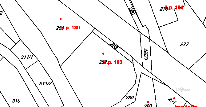 Proseč nad Nisou 163, Jablonec nad Nisou na parcele st. 287 v KÚ Proseč nad Nisou, Katastrální mapa