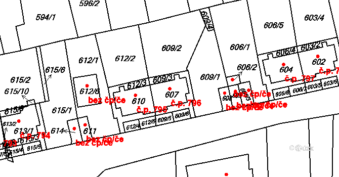 Roztoky 796 na parcele st. 607 v KÚ Roztoky u Prahy, Katastrální mapa