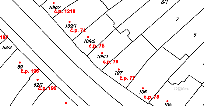 Kyjov 76 na parcele st. 108/1 v KÚ Kyjov, Katastrální mapa
