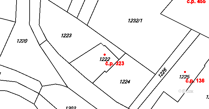 Fryčovice 323 na parcele st. 1222 v KÚ Fryčovice, Katastrální mapa