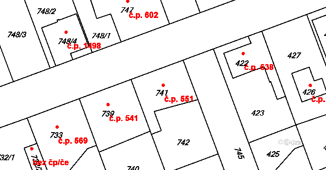 Úvaly 551 na parcele st. 741 v KÚ Úvaly u Prahy, Katastrální mapa