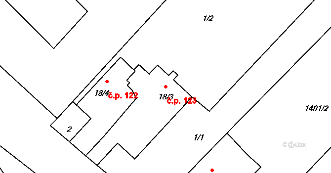 Brocno 123, Štětí na parcele st. 18/3 v KÚ Brocno, Katastrální mapa