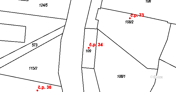 Hronětice 34, Kostomlaty nad Labem na parcele st. 109 v KÚ Hronětice, Katastrální mapa