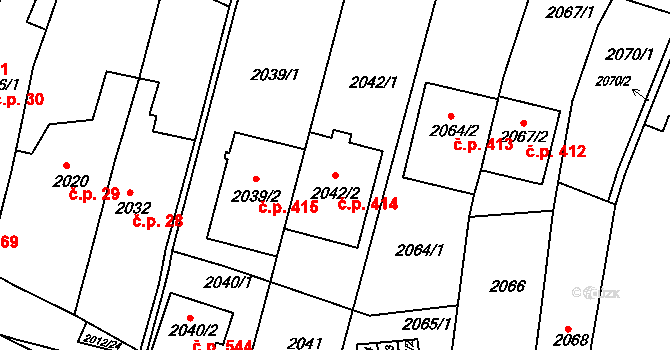 Pisárky 414, Brno na parcele st. 2042/2 v KÚ Pisárky, Katastrální mapa