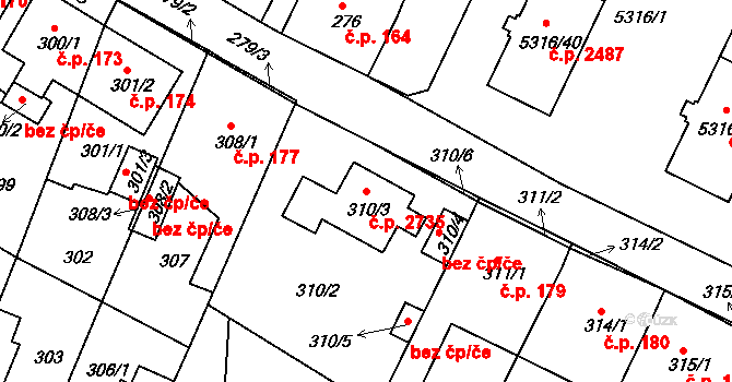 Frýdek 2735, Frýdek-Místek na parcele st. 310/3 v KÚ Frýdek, Katastrální mapa