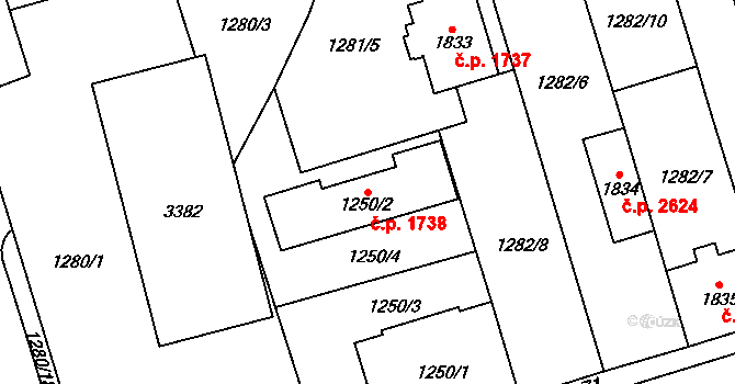Cheb 1738 na parcele st. 1250/2 v KÚ Cheb, Katastrální mapa
